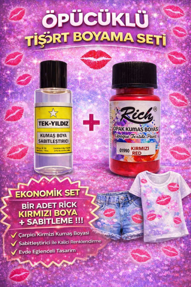 1adet rich kırmızı boya + 1 adet sabitleme öpücüklü tişört boyama özel set